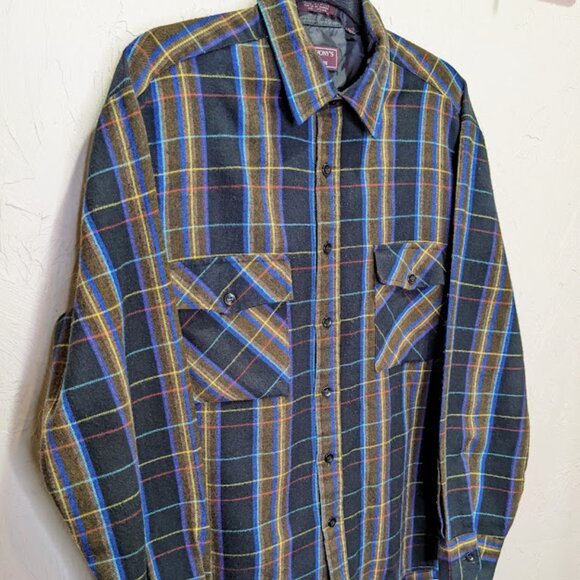 Vintage Mens Plaid Button Up Size L Flannel Colorful Western Long Sleeve Shirt - Picture 2 of 5